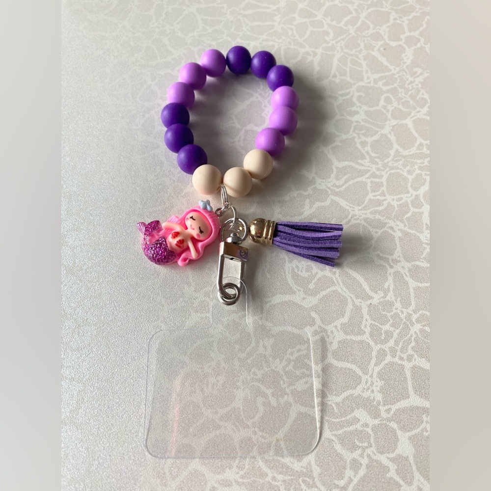 Beaded Wristlet with Mermaid Charm and cell phone connector card